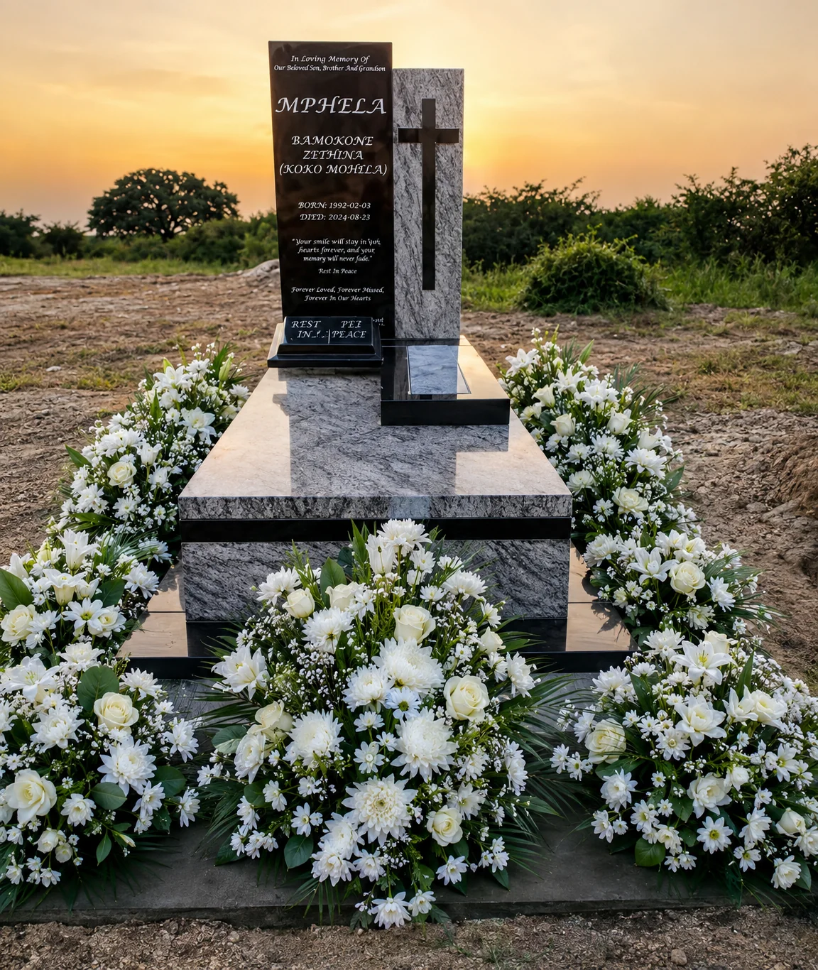Beautiful memorial adorned with fresh flowers in a serene cemetery